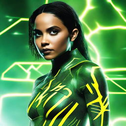 Zoe Kravitz with straight black hair, wearing a tight, green technical superhero costume with yellow lightning patterns. Costume has tech details emphasizing a connection to electricity, her eyes glow yellow, and she exhibits electrical powers.