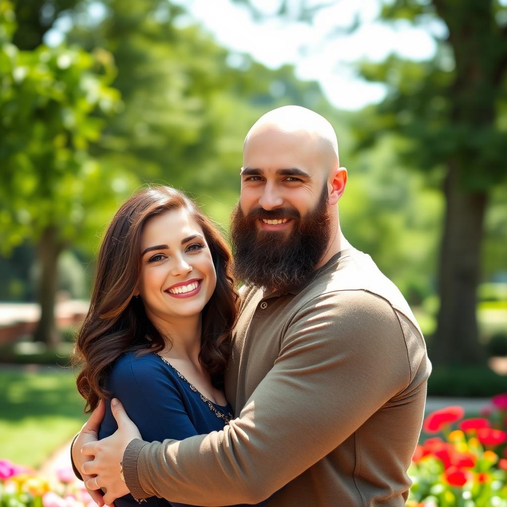A loving couple standing together, the girl has chocolate brown hair styled elegantly, bright brown eyes sparkling with joy, while the bald man with striking blue eyes and a full dark brown beard gently embraces her