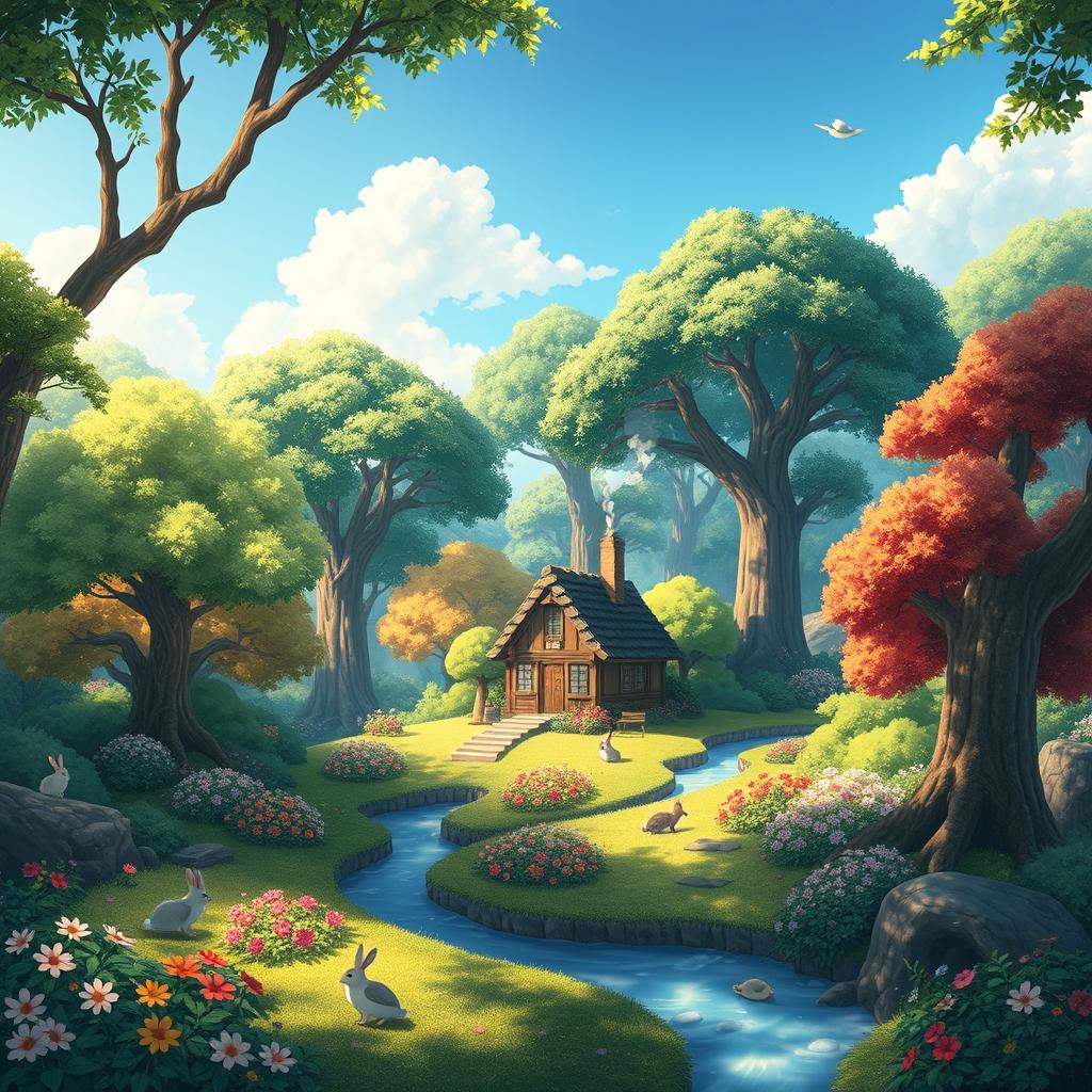 A whimsical and enchanting landscape in the style of Studio Ghibli