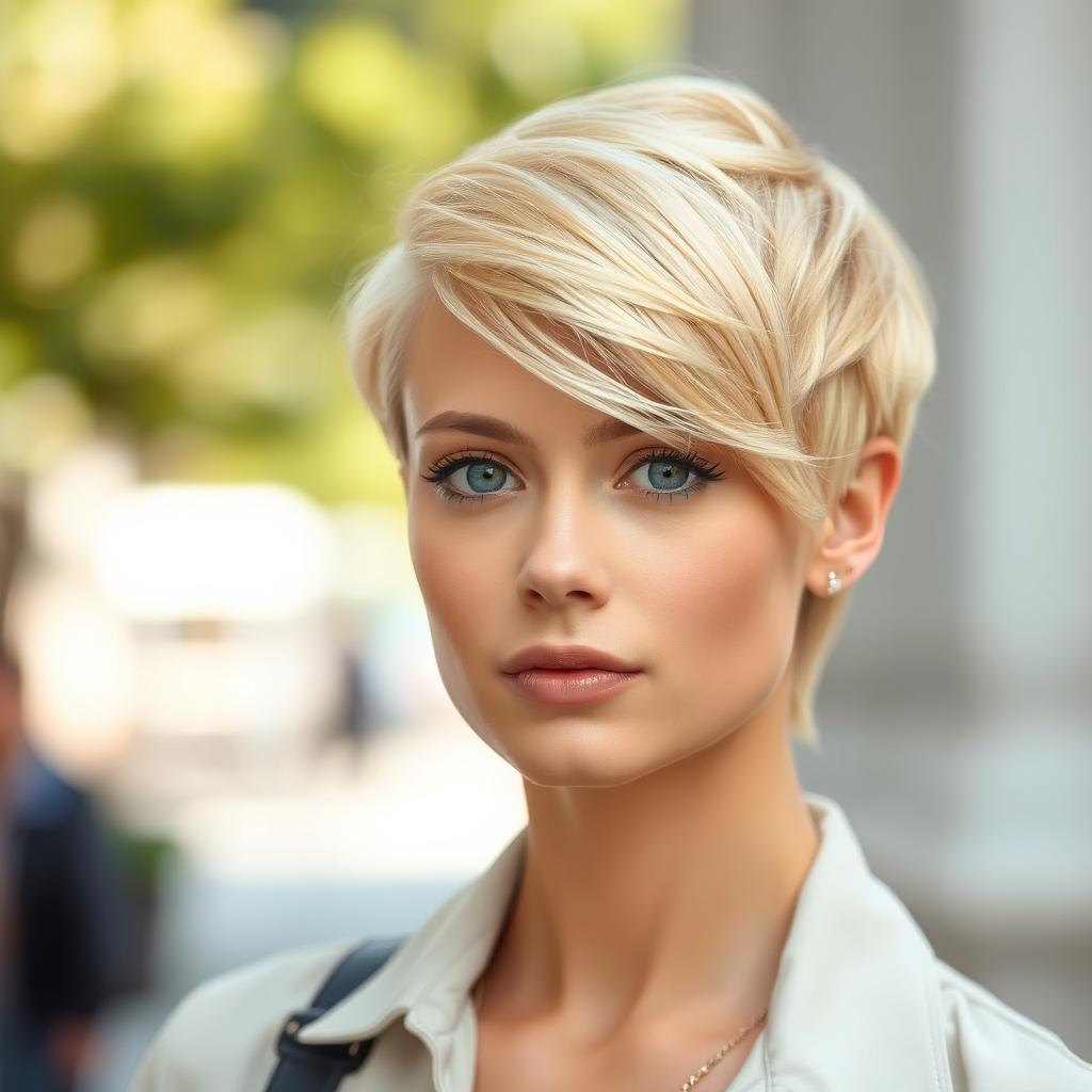 A stylish portrait of a person with vibrant blonde hair, showcasing a fresh and trendy hairstyle