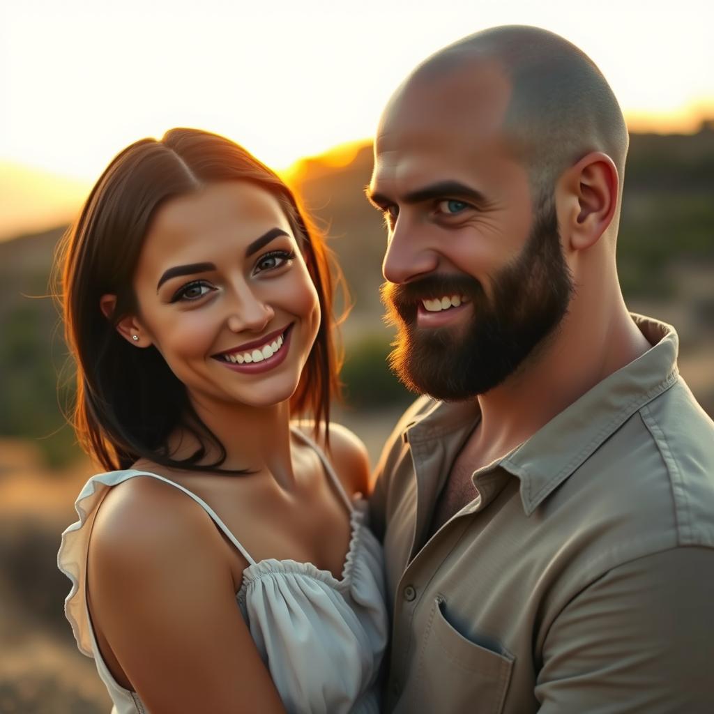A romantic scene featuring a couple, consisting of a thin girl with chocolate brown hair and brown eyes, and a bald man with striking blue eyes and a dark brown beard