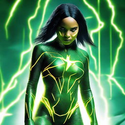 Zoe Kravitz with straight black hair, wearing a tight, green technical superhero costume with yellow lightning patterns. Costume has tech details emphasizing a connection to electricity, her eyes glow yellow, and she exhibits electrical powers.