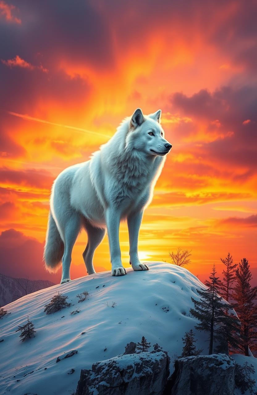 A majestic white wolf standing atop a snowy mountain peak at sunset, with the sky painted in vibrant shades of orange, pink, and purple