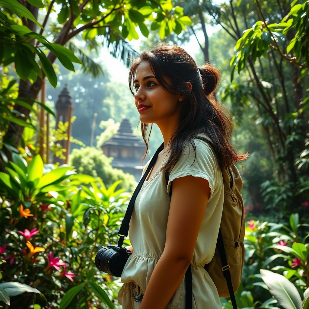 A young woman traveling through the lush jungles of India, surrounded by vibrant greenery and exotic wildlife