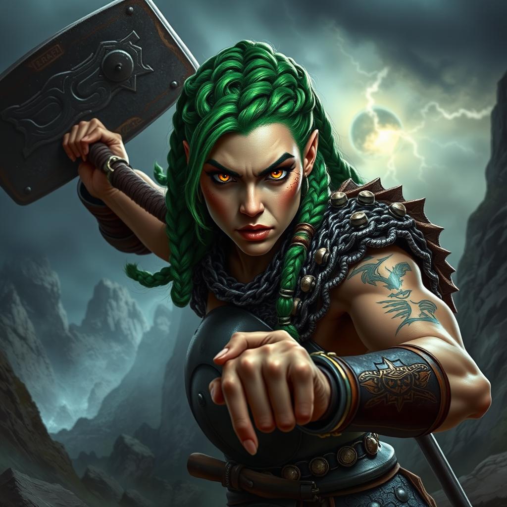 A formidable female half-orc fighter, her vibrant green hair styled in intricate braids, showcasing her striking gold eyes