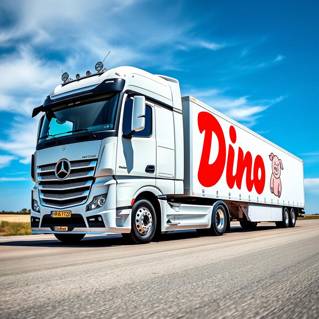A striking image of a white Mercedes Actros MP5 truck, paired with a matching white trailer