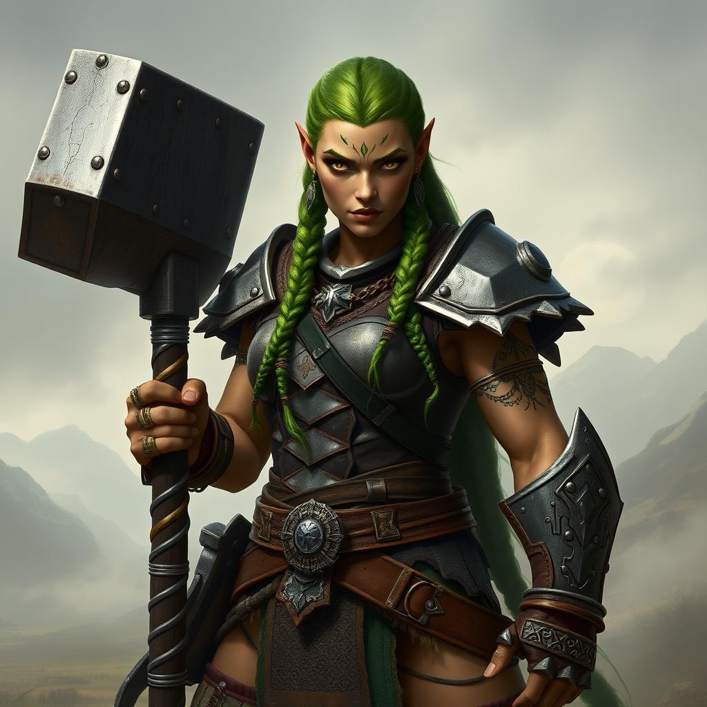 A fierce female half-orc fighter with vibrant green braids and striking gold eyes