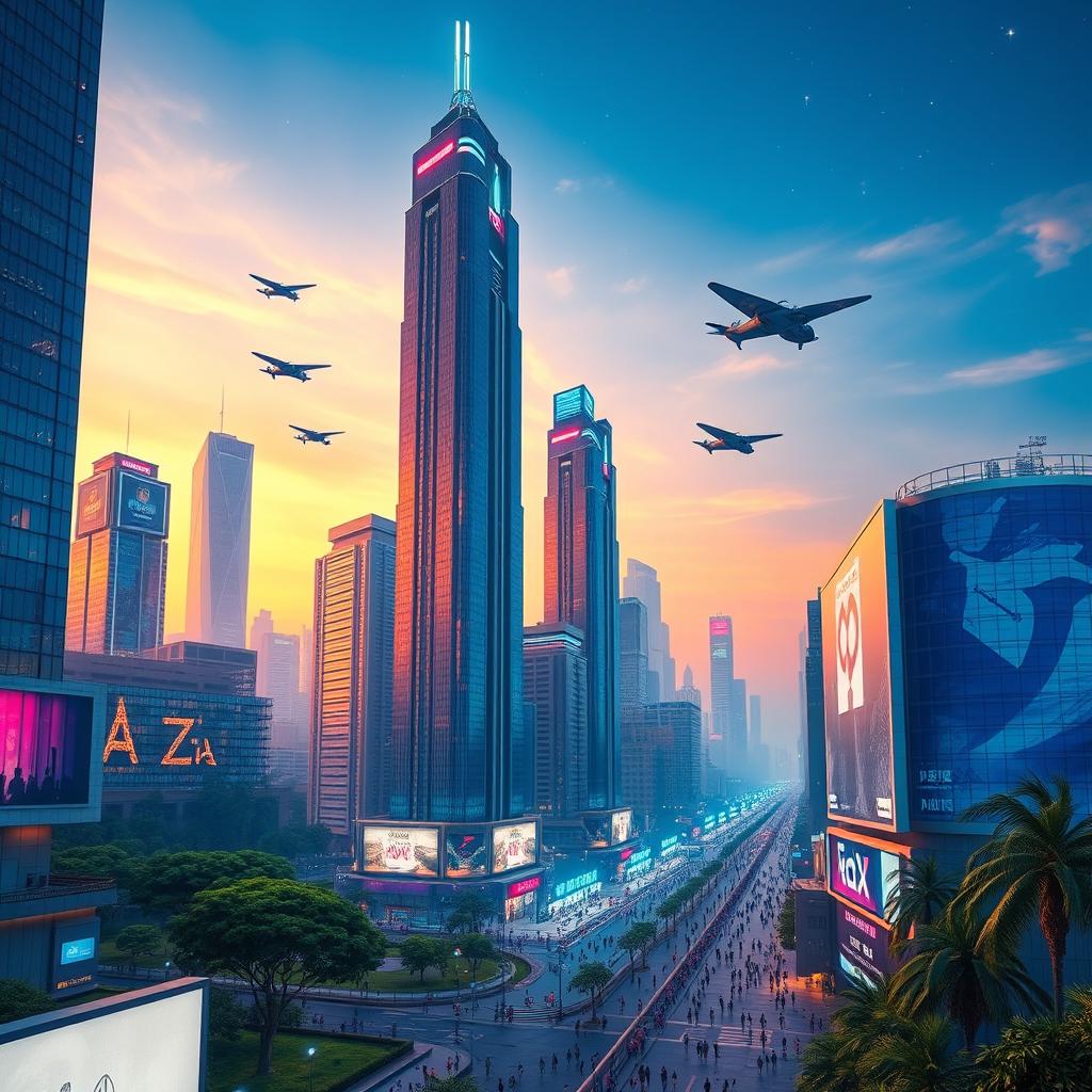 A stunning 3D image of a futuristic cityscape at dusk, with towering skyscrapers illuminated by neon lights, flying vehicles zooming through the air, and lush green parks interspersed among the buildings
