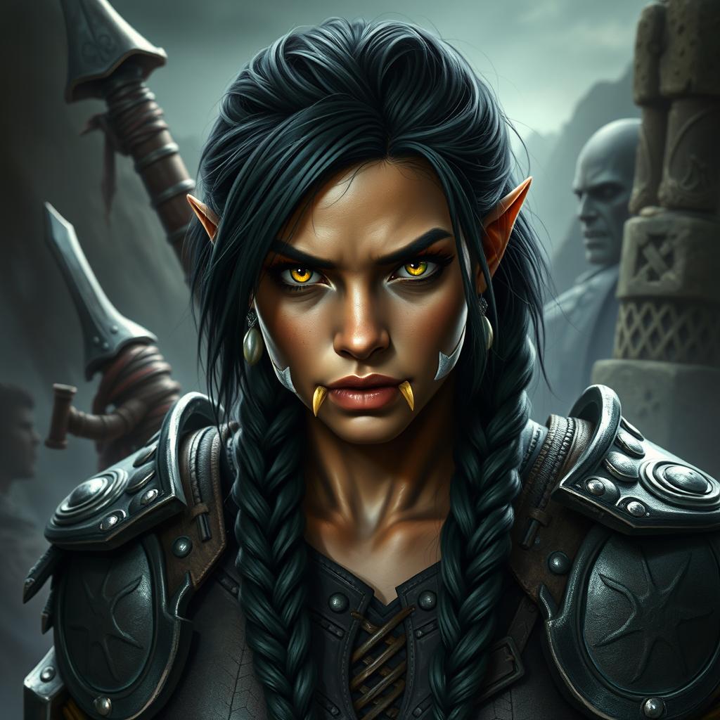 A hyper realistic portrait of a half orc female fighter in a dark fantasy setting