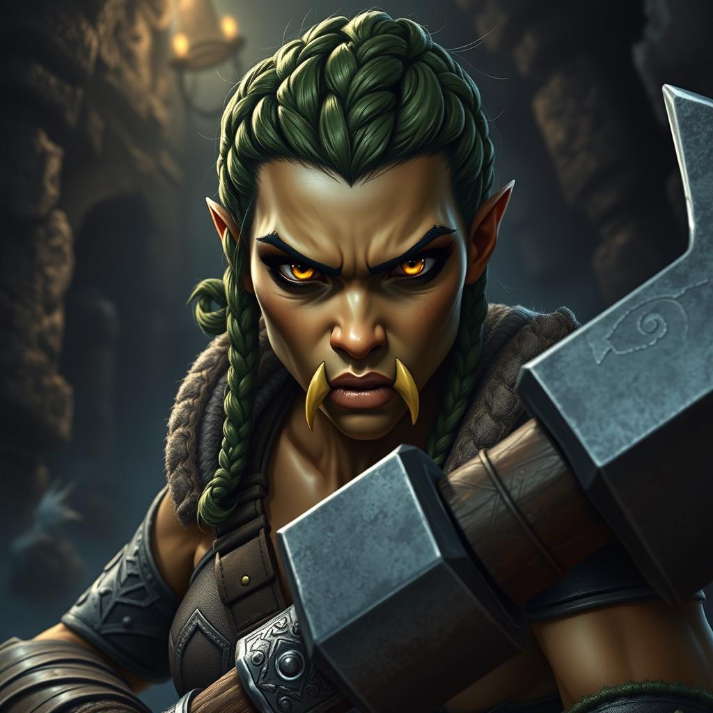 A hyper-realistic character portrait of a half-orc female fighter in a dark fantasy setting