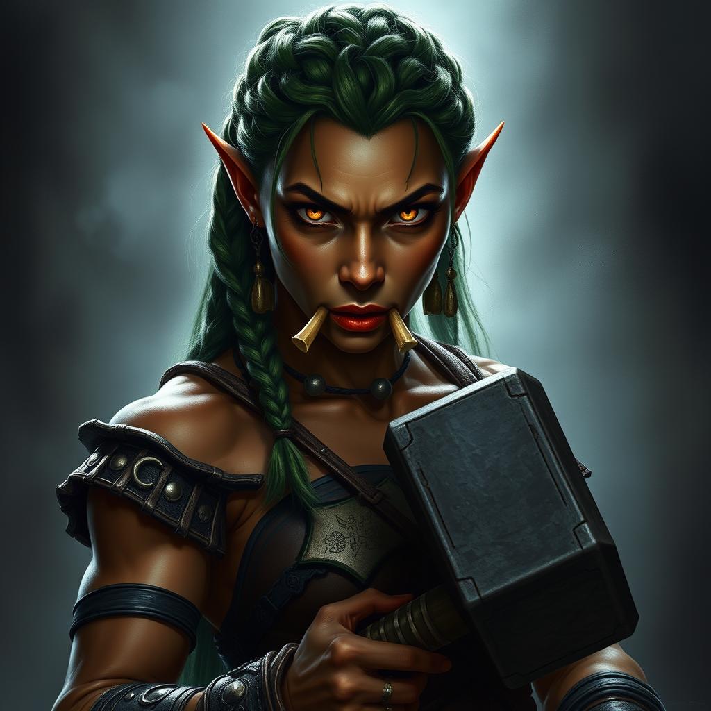 A hyper-realistic portrait of a half-orc fighter woman in a dark fantasy setting