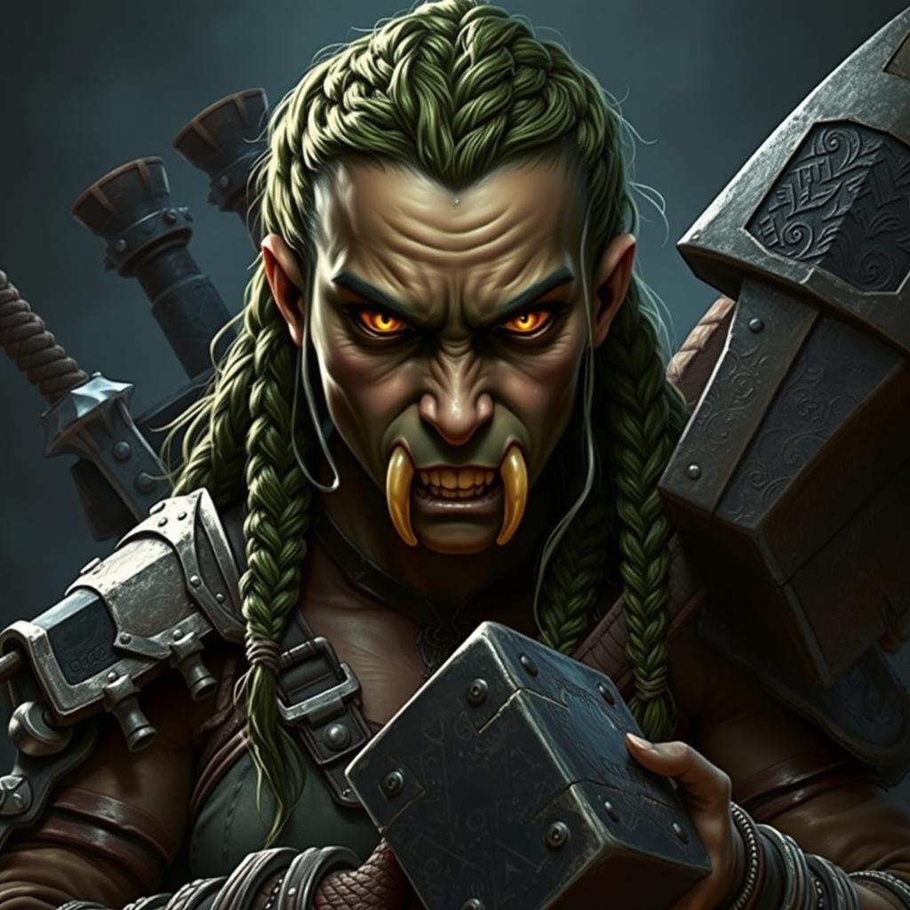 A hyper-realistic dark fantasy character portrait of a half-orc fighter woman