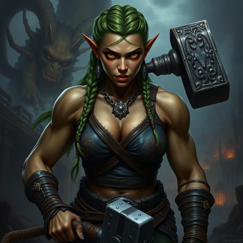 A hyper realistic, dark fantasy character portrait of a female half-orc fighter with a muscular build and olive skin