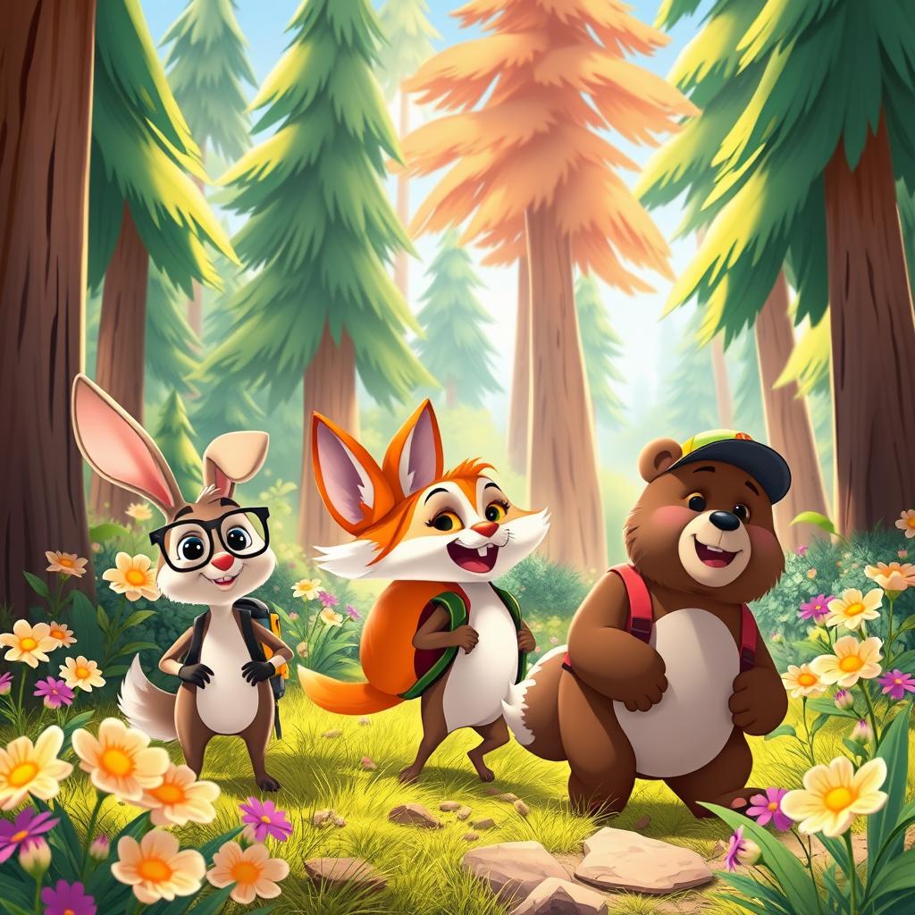 A vibrant, whimsical cartoon scene featuring a group of adorable anthropomorphic animals embarking on a fun adventure in a lush, colorful forest