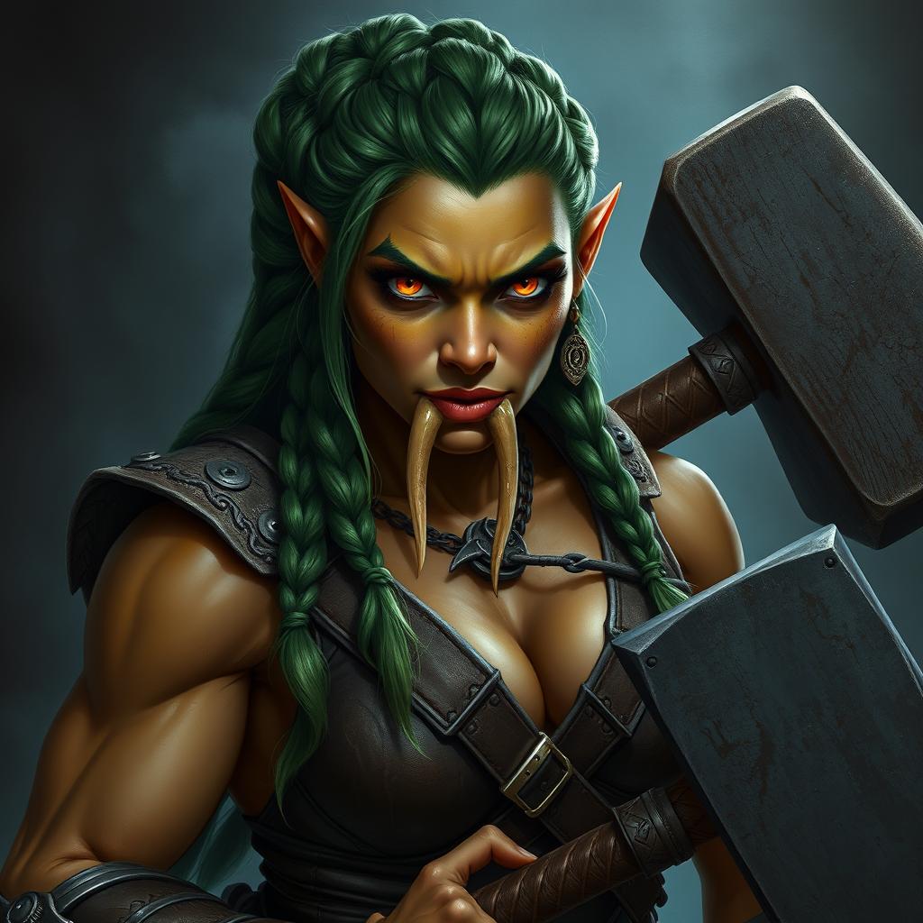 A hyper-realistic portrait of a half-orc fighter woman in a dark fantasy setting