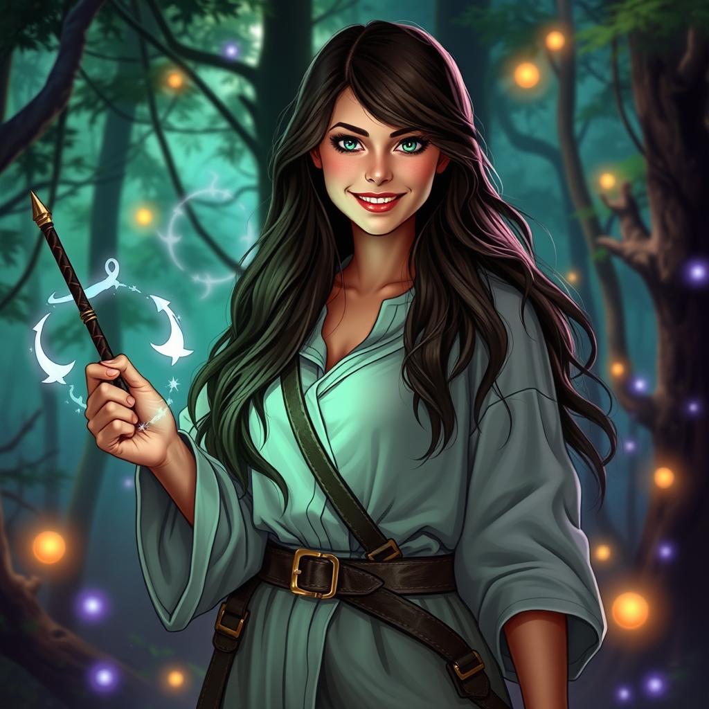 A long-haired brunette magician in a Dungeons and Dragons style, showcasing her charisma
