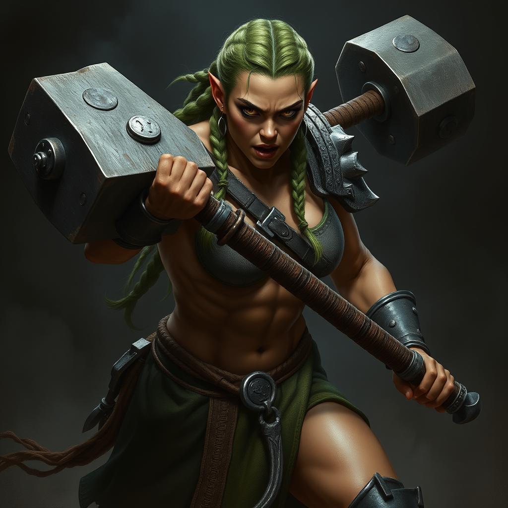 A hyper realistic portrayal of a half-orc fighter woman in a dark fantasy setting