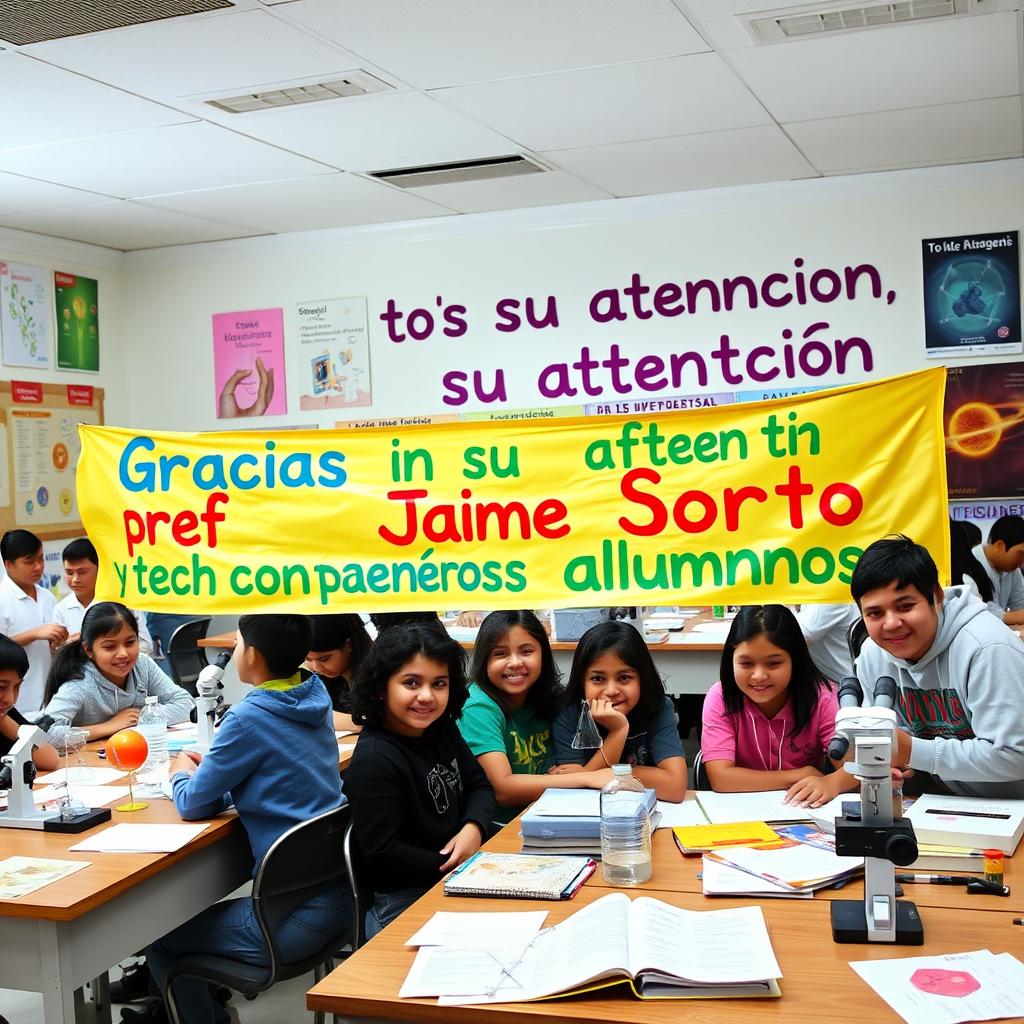 A classroom setting filled with students engaging with science materials, vibrant lighting showcasing various science projects