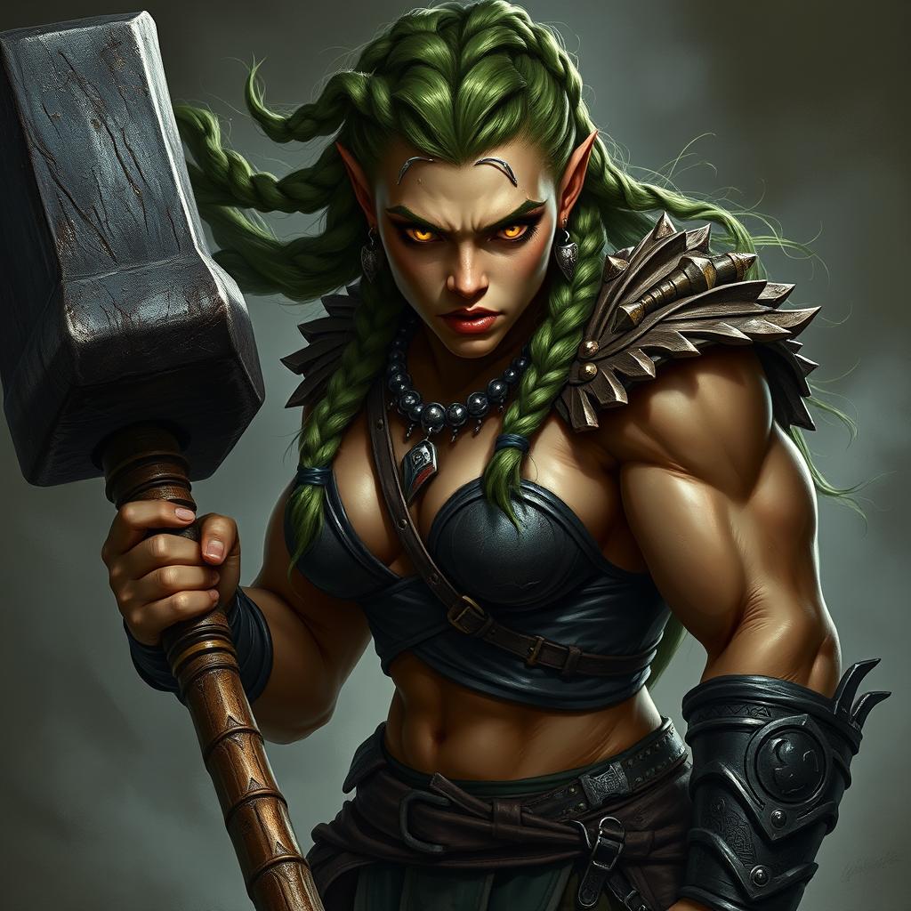A hyper-realistic character portrait of a dark fantasy half-orc fighter woman