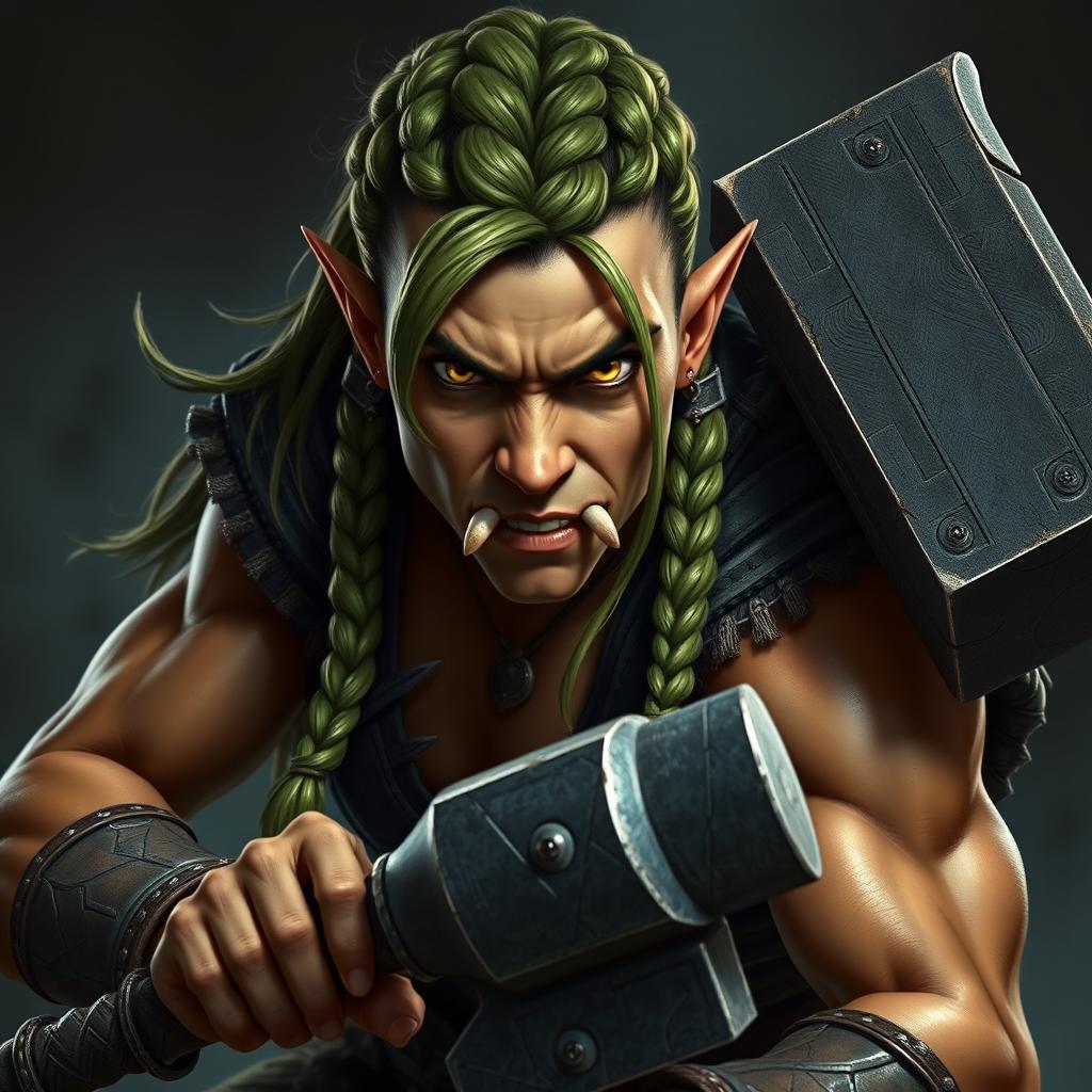 A hyper-realistic character portrait of a fierce half-orc fighter woman in a full body battle pose