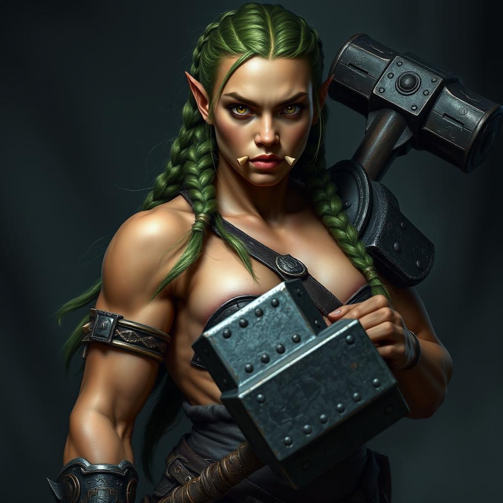 A hyper realistic and dark fantasy character portrait of a half-orc fighter woman