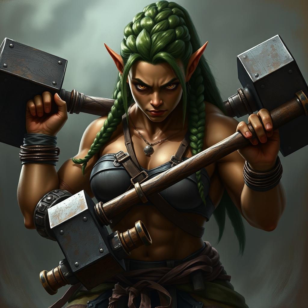 A hyper-realistic portrait of a half-orc fighter woman in a dynamic battle pose