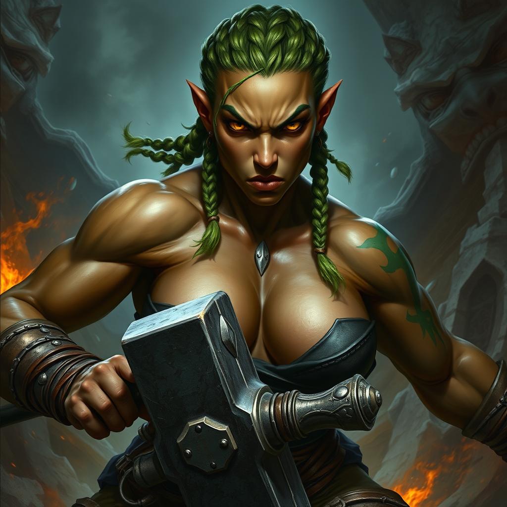A hyper-realistic, dark fantasy character portrait of a fierce half-orc fighter woman