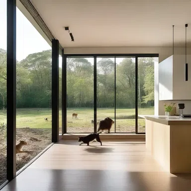The animal trainer's house was designed with open spaces and large windows, creating a harmonious environment for her animals.