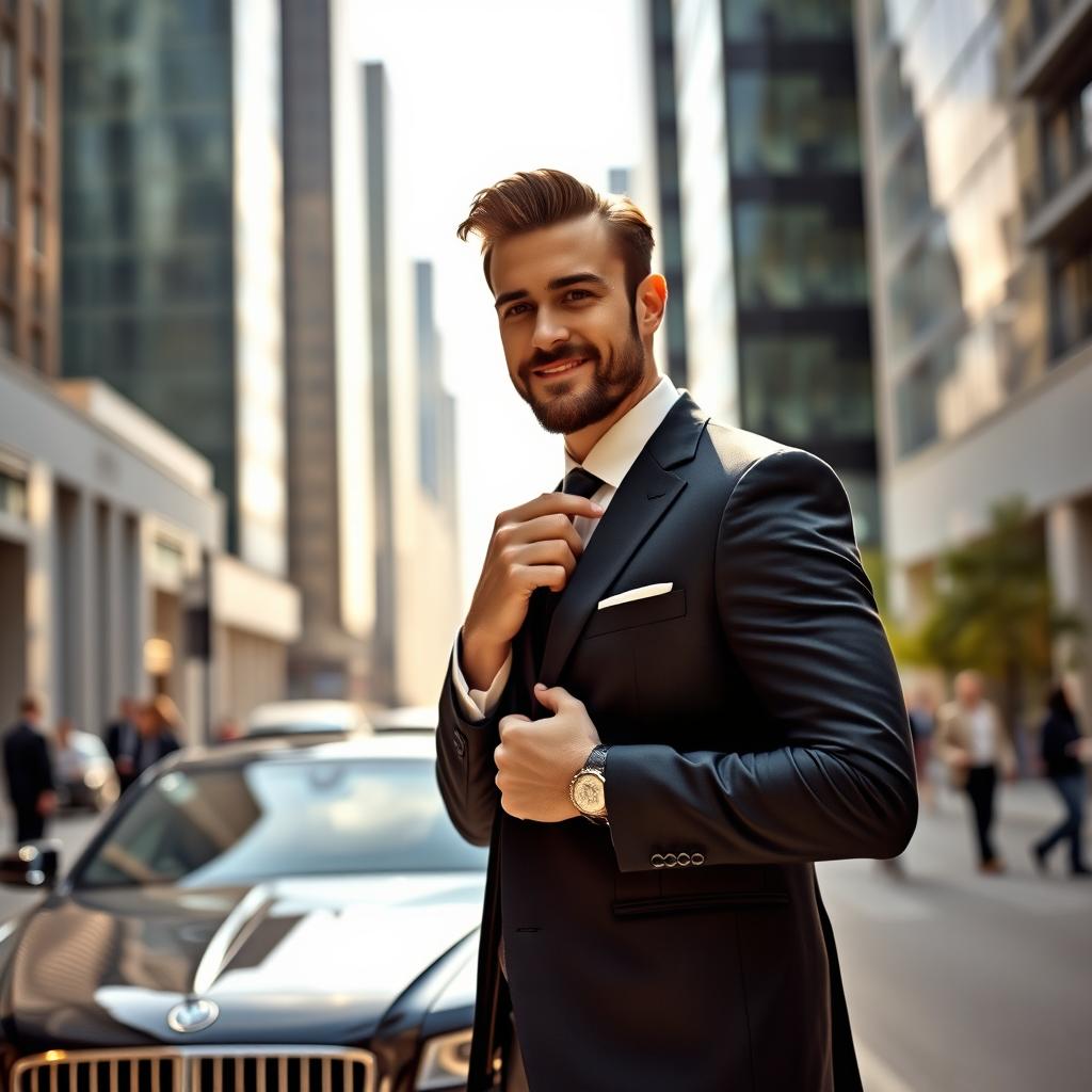 A striking image of a stylish man in a business suit, exuding confidence and charm