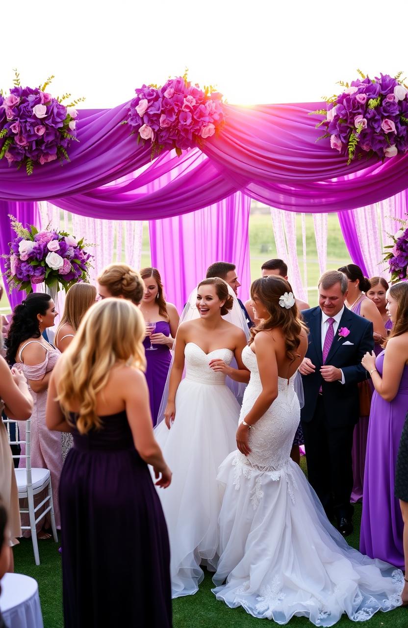 A vibrant and whimsical scene from a romantic comedy set at a purple-themed wedding, reminiscent of the playful rivalry in 'Bride Wars' and the iconic style of 'Mean Girls'