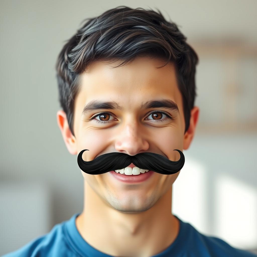 A digital photograph of a smiling person with a prominent moustache added for a humorous effect