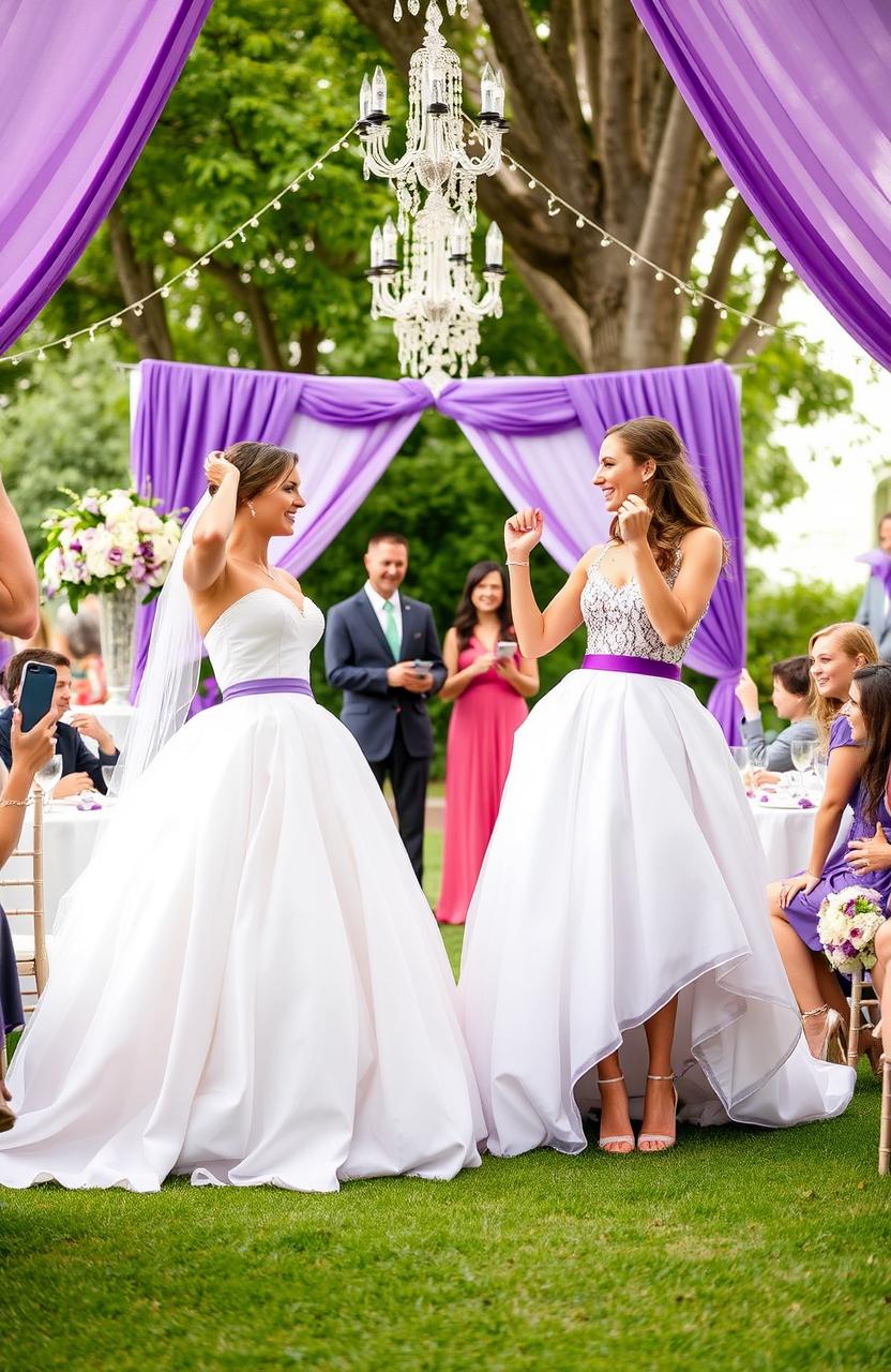 A romantic comedy scene inspired by 'Bride Wars' and 'Mean Girls', featuring two brides in a playful rivalry during a purple-themed wedding