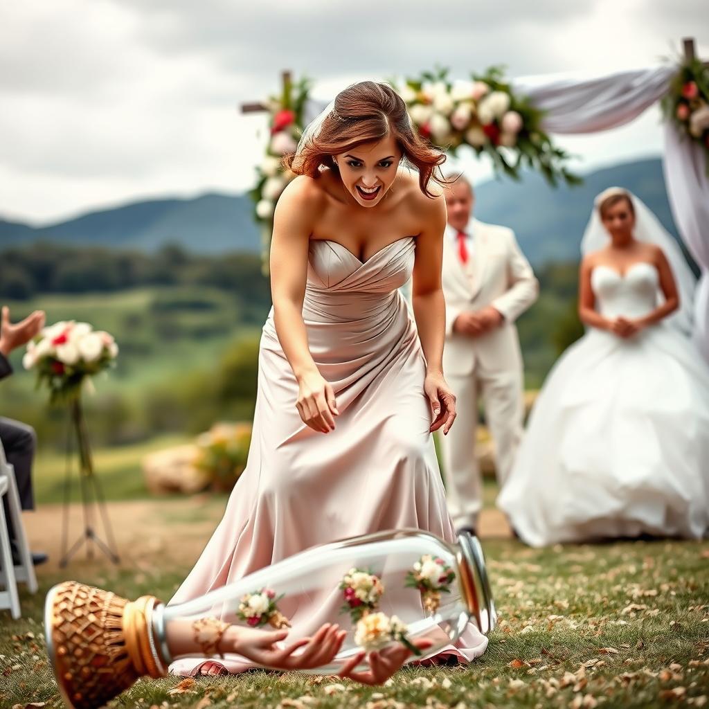 A dramatic scene depicting a bridesmaid in a beautiful, elegant dress with a mischievous expression, stealthily sabotaging a wedding ceremony