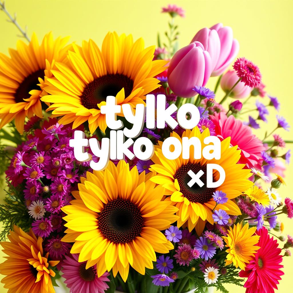 A colorful and playful arrangement of flowers, including cheerful sunflowers, pink tulips, and vibrant wildflowers, set against a bright and lively background