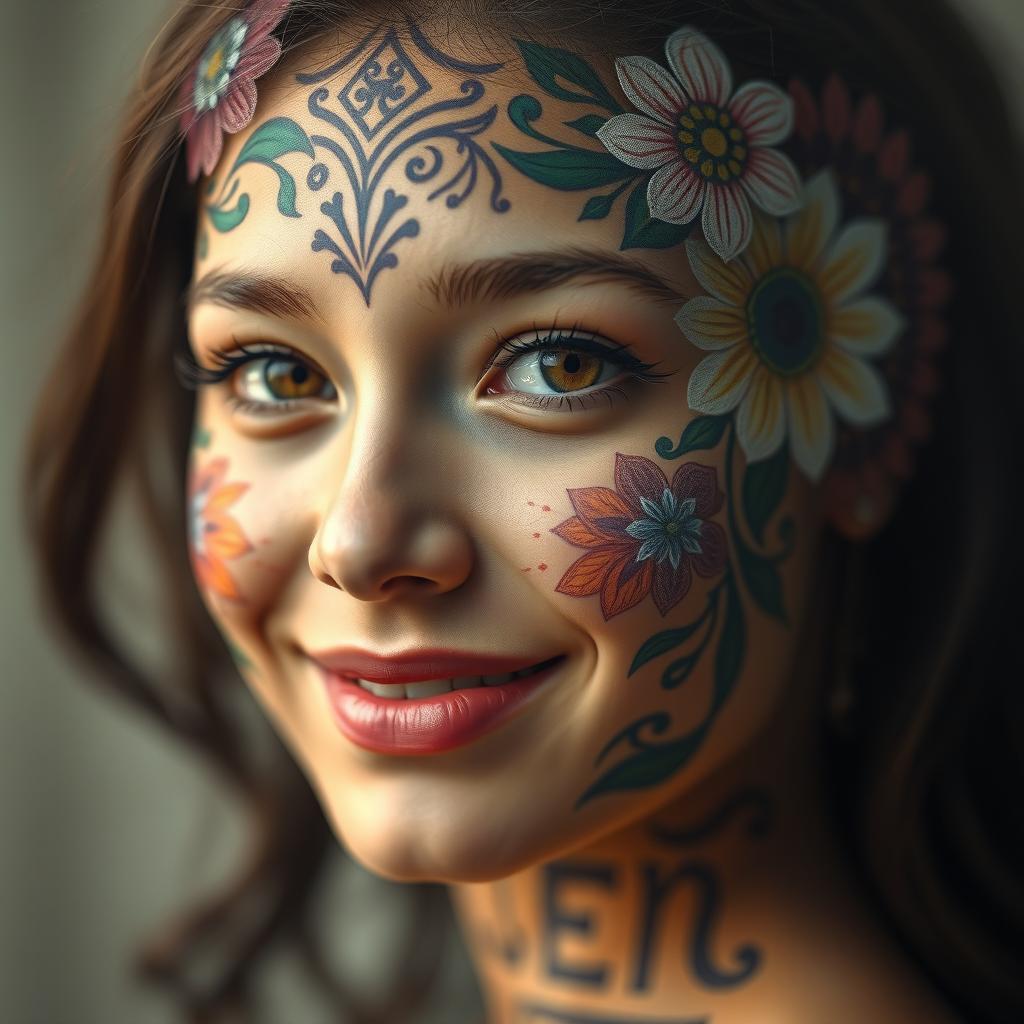 An artistic portrait of a person focusing on their face, showcasing intricate and colorful designs surrounding the contours of the face