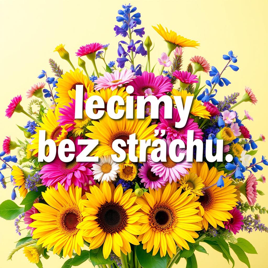 A vibrant and lively floral composition featuring a variety of colorful flowers such as sunflowers, daisies, and bluebells, arranged in a dynamic and energetic way
