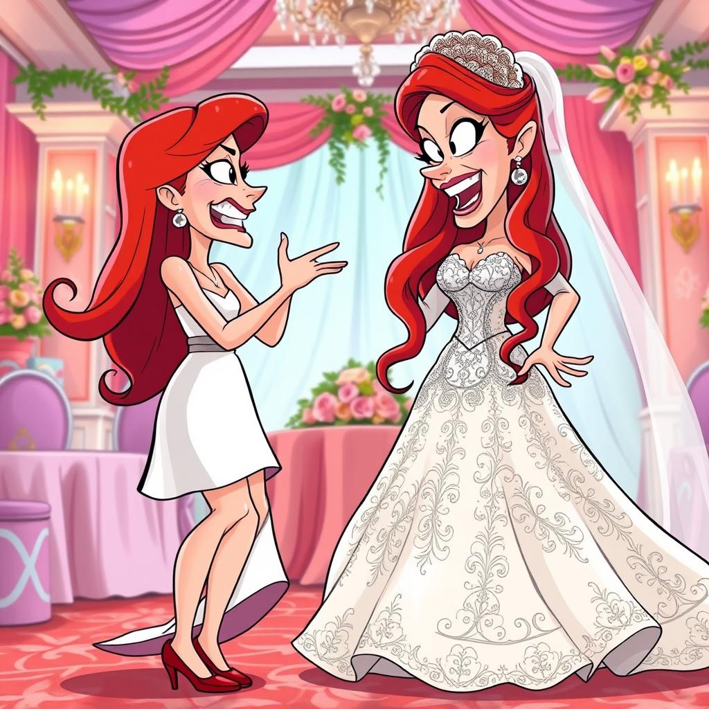 A whimsical cartoon-style scene depicting a lively confrontation between a bridesmaid and a bride