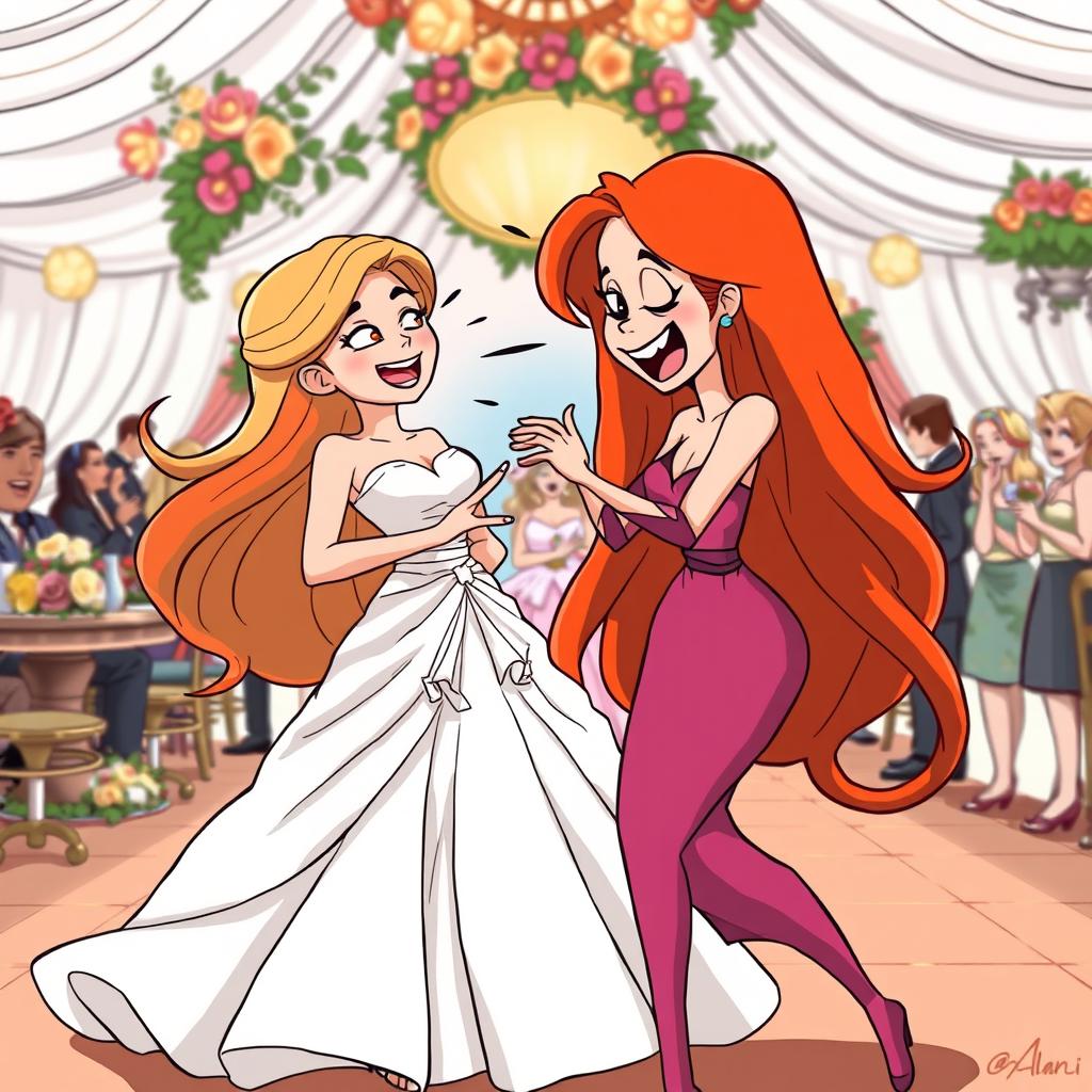 A dynamic cartoon scene depicting a bridesmaid with long flowing red hair engaged in a playful conflict with a blonde bride wearing an elaborate couture gown