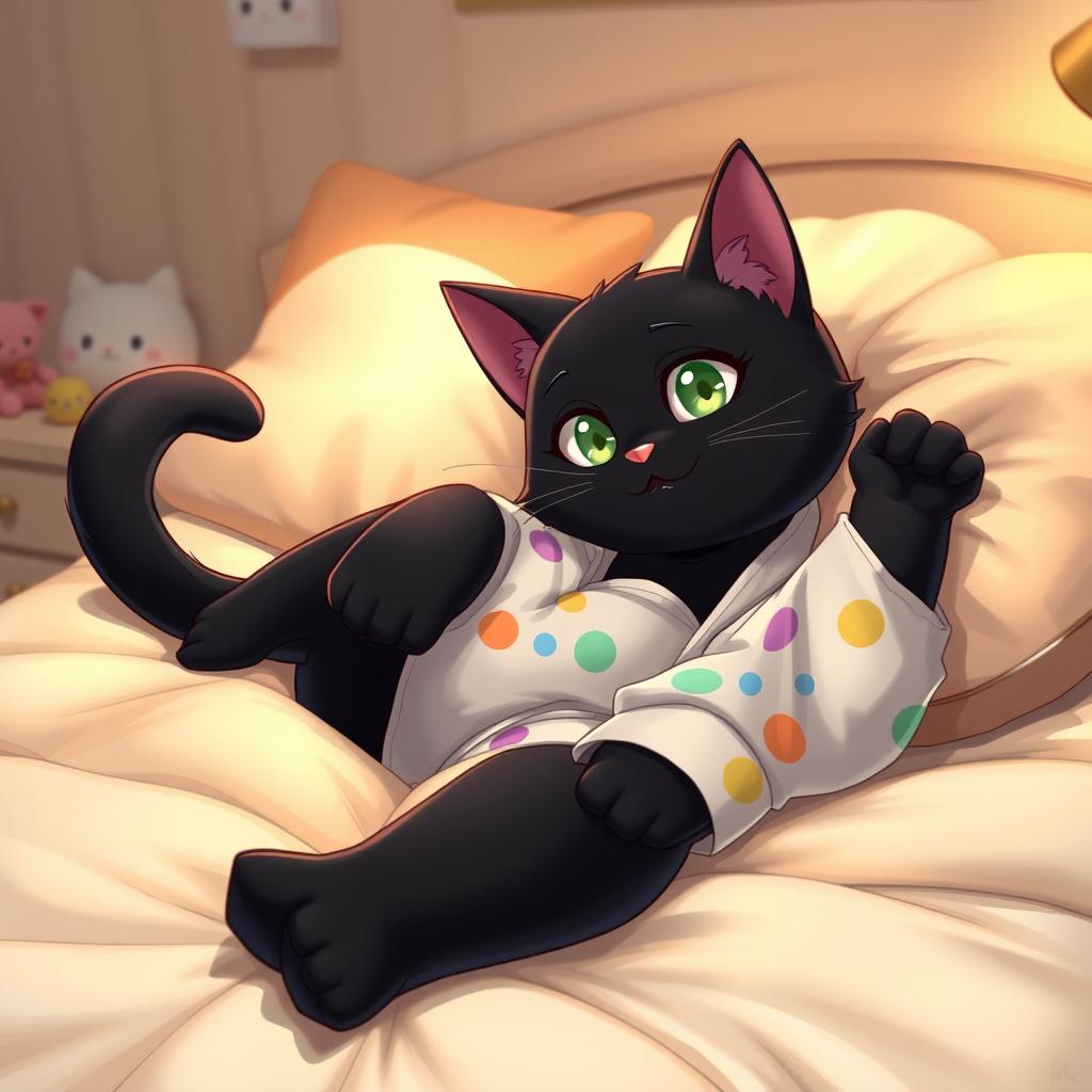 A plump, feminine humanoid black cat girl lounging gracefully on her comfy bed, wearing cozy pajamas