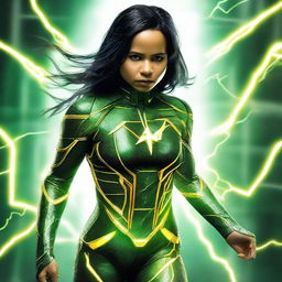 Zoe Kravitz with straight black hair, wearing a green, MCU-style technological superhero costume with yellow lightning designs. Detailed tech touches suggest a connection to electricity, her eyes are like yellow lightning and she exhibits yellow electrical powers.