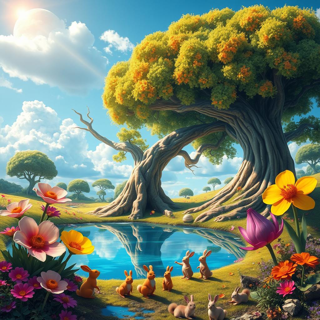 A whimsical, surreal landscape featuring a massive, majestic tree with bright, vivid leaves, towering over a tranquil pond that reflects the bright blue sky and fluffy white clouds