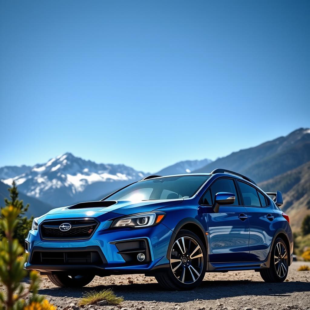 A stunning Subaru car parked in a picturesque mountain landscape, showcasing the vehicle's sleek design and vibrant color