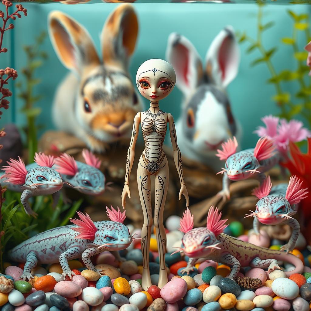 A whimsical scene featuring a skinny doll with an intricate design, positioned in the center