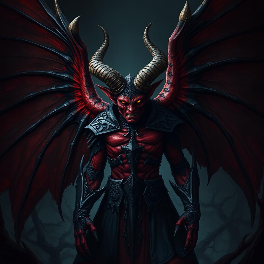 An imposing and sinister tiefling with large, dark wings spread wide, showcasing intricate patterns on their feathers