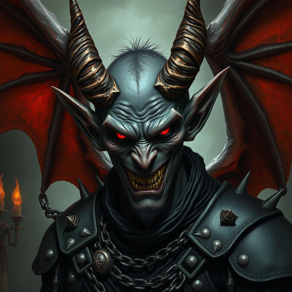 A detailed portrait of a sadistic winged tiefling with menacing features