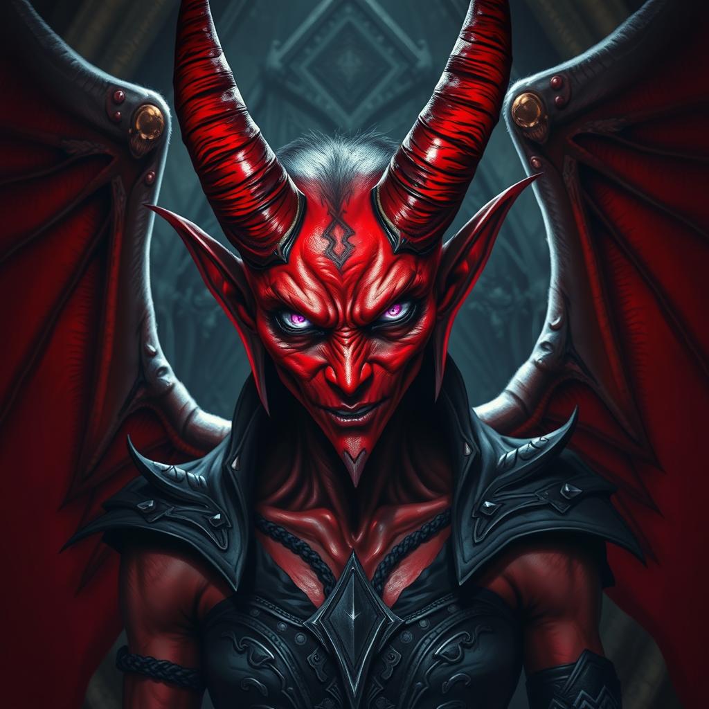 A captivating portrait of a sadistic red-winged tiefling with an intense and malevolent expression