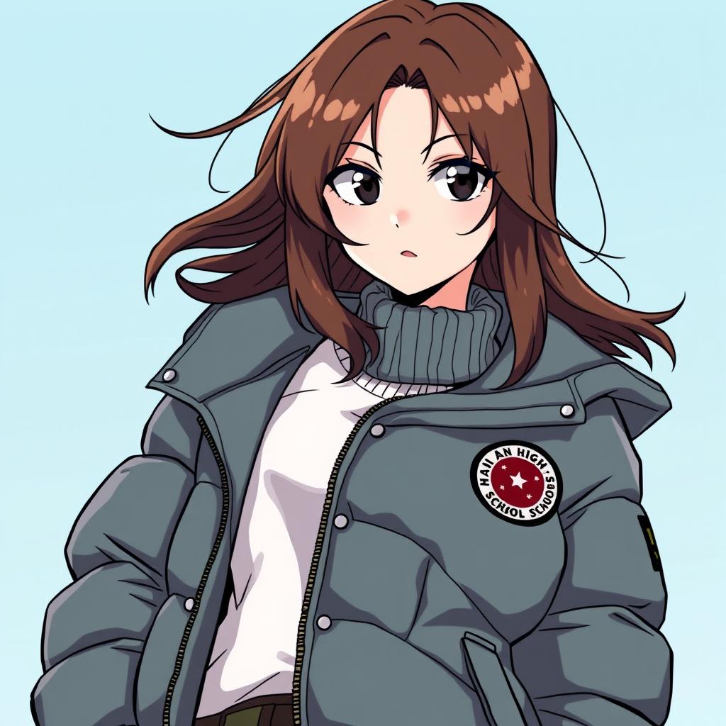 A female student with layered brown hair and shiny black eyes, wearing a puffer jacket with the logo of Hai An High School on it