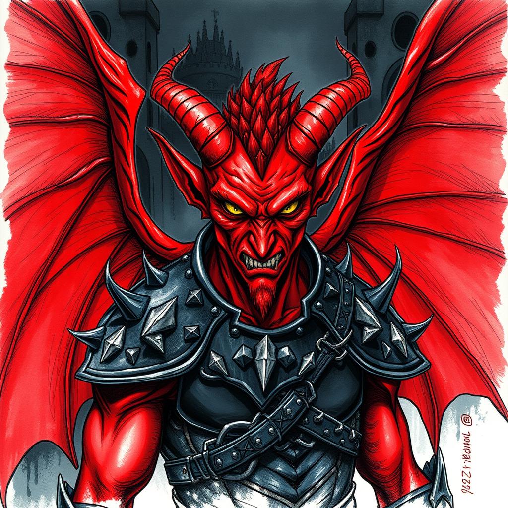 A striking portrait of a sadistic male red-winged tiefling illustrated in a detailed drawing style
