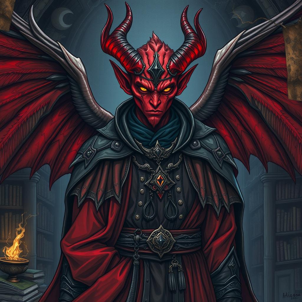 A dramatic portrait of a sadistic male red-winged tiefling archmage, illustrated in a captivating drawing style