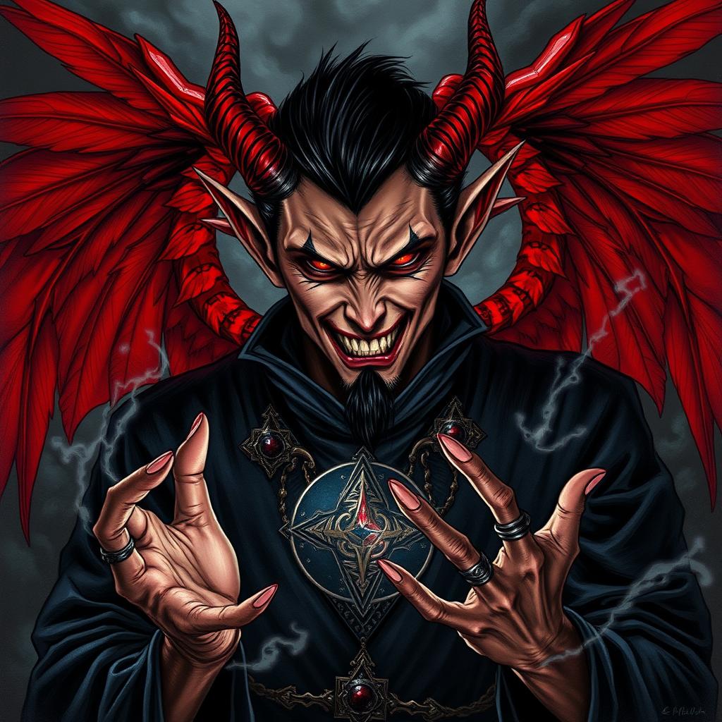 A portrait of a sadistic male archmage who is a red-winged tiefling